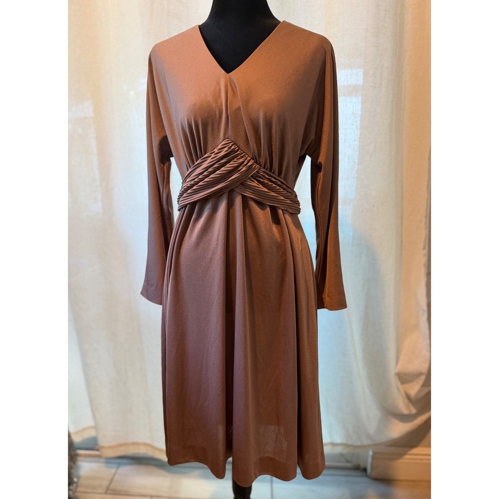 Vintage JCPenney Fashions Copper Metallic Pleated Waist Midi Dress V-Neck L/S